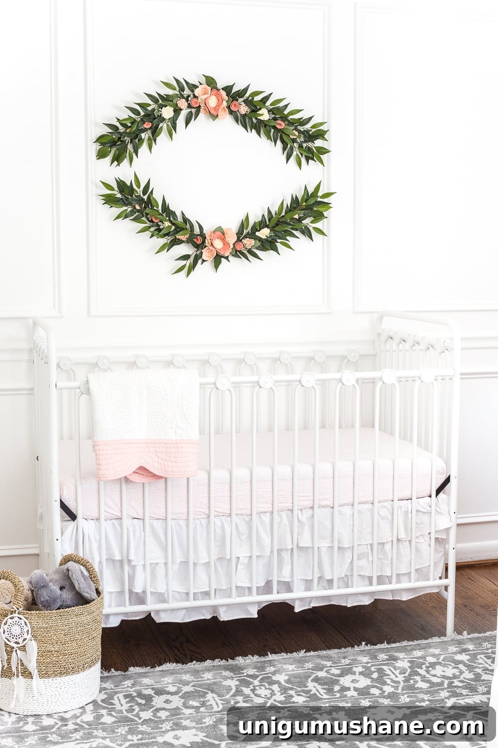 White Floral Baby Nursery Makeover: Before and After Reveal 8 An all white nursery makeover room reveal with classic, vintage style furniture, Anthropologie-inspired patterns and textures, and floral accents.