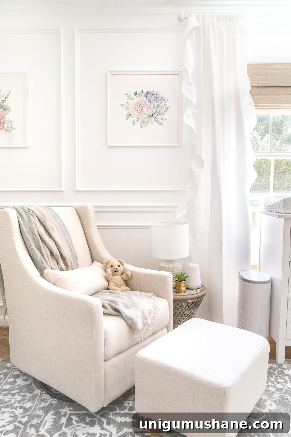 White Floral Baby Nursery Makeover: Before and After Reveal 13 An all white nursery makeover room reveal with classic, vintage style furniture, Anthropologie-inspired patterns and textures, and floral accents.