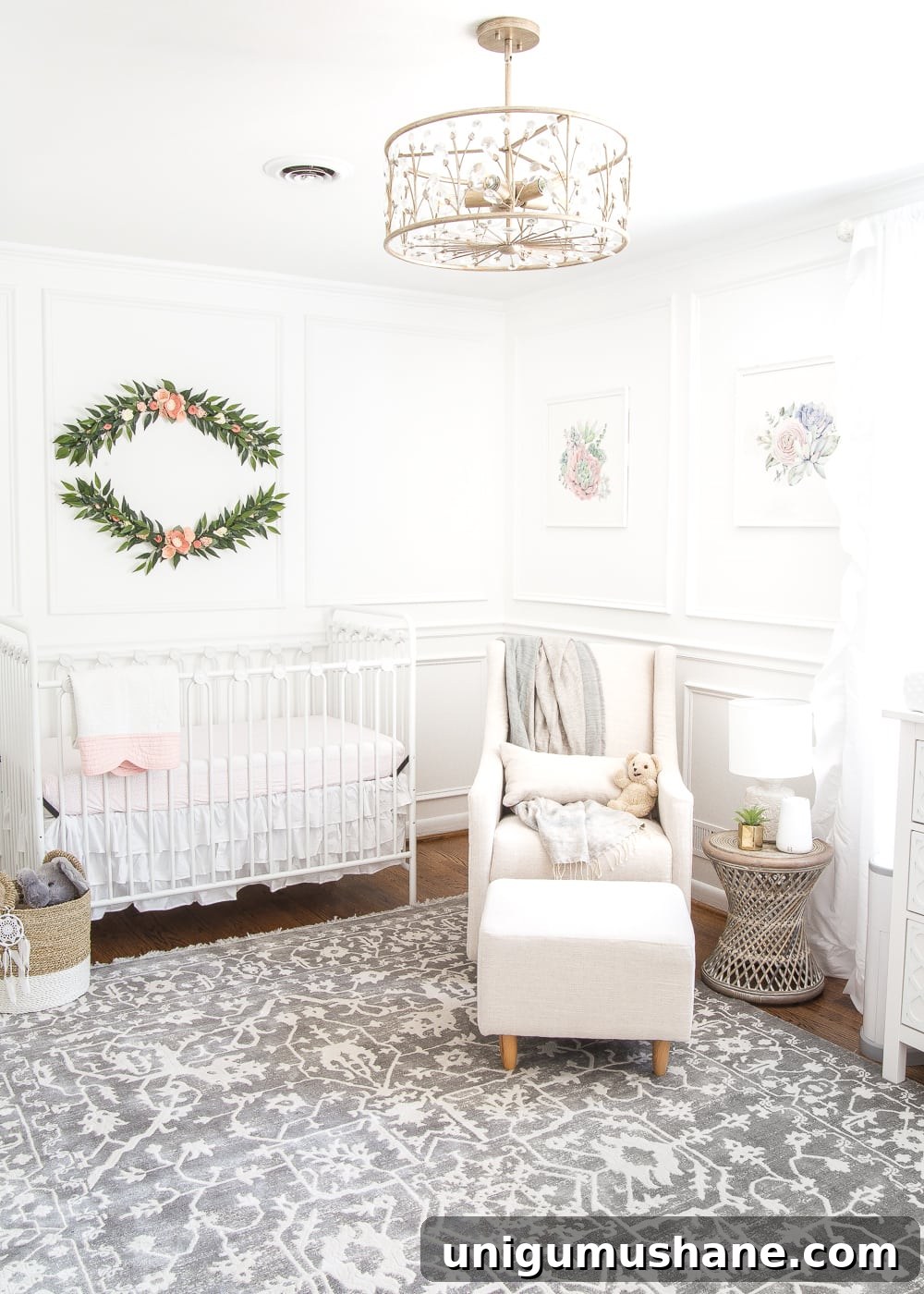 White Floral Baby Nursery Makeover: Before and After Reveal 3 An all white nursery makeover room reveal with classic, vintage style furniture, Anthropologie-inspired patterns and textures, and floral accents.