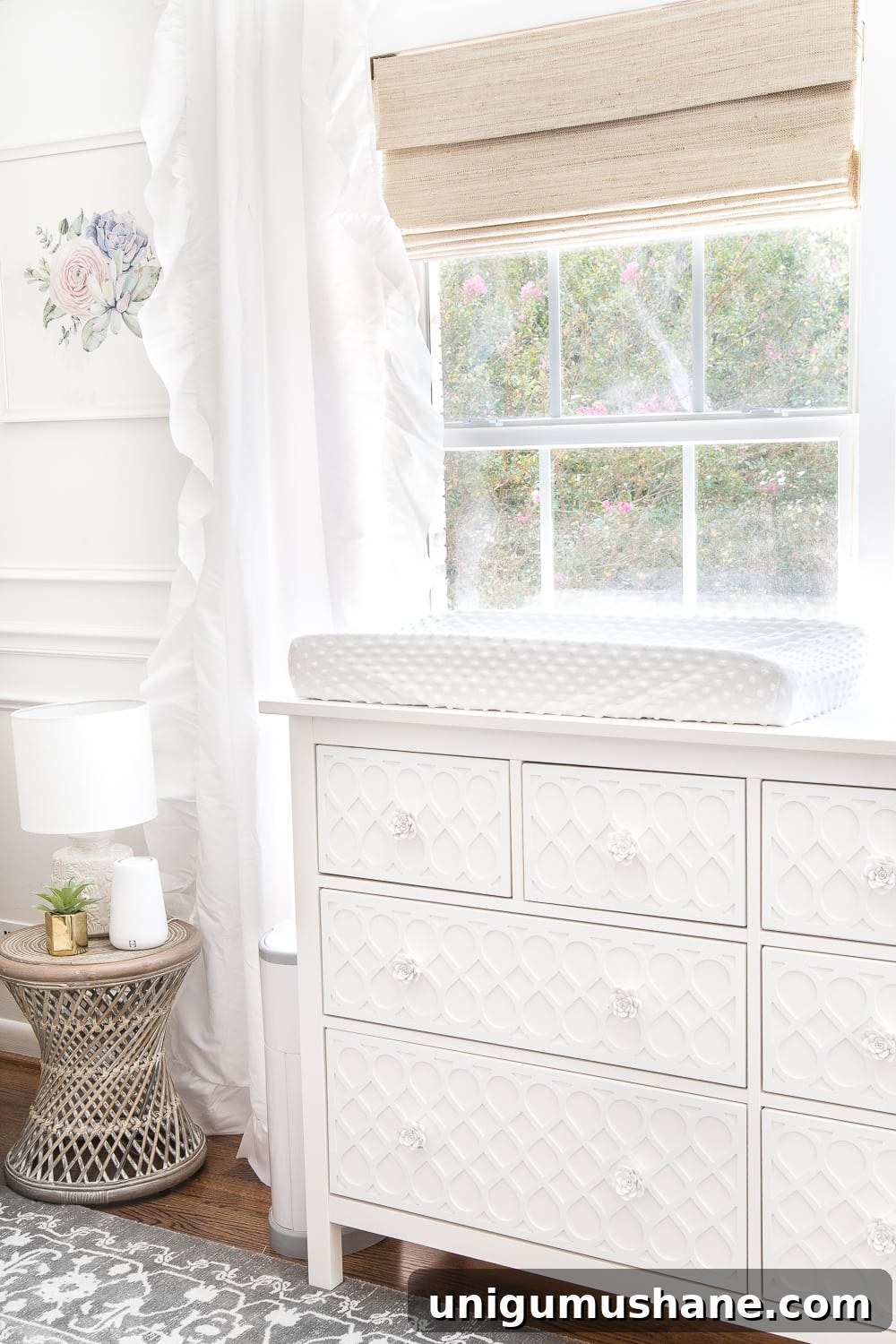 White Floral Baby Nursery Makeover: Before and After Reveal 16 An all white nursery makeover room reveal with classic, vintage style furniture, Anthropologie-inspired patterns and textures, and floral accents.