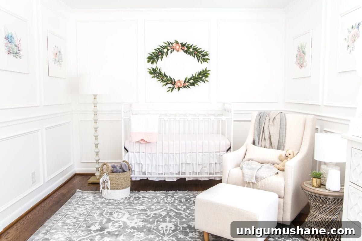 White Floral Baby Nursery Makeover: Before and After Reveal 17 An all white nursery makeover room reveal with classic, vintage style furniture, Anthropologie-inspired patterns and textures, and floral accents.