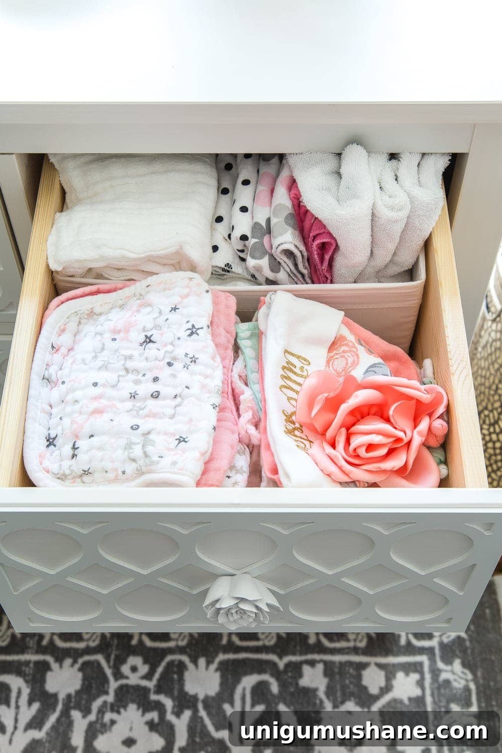 Nursery Organization Tour: Baby Room Storage and Layout 12 Nursery Organization | Dresser drawers with dividers to store burp cloths, bibs, and hats