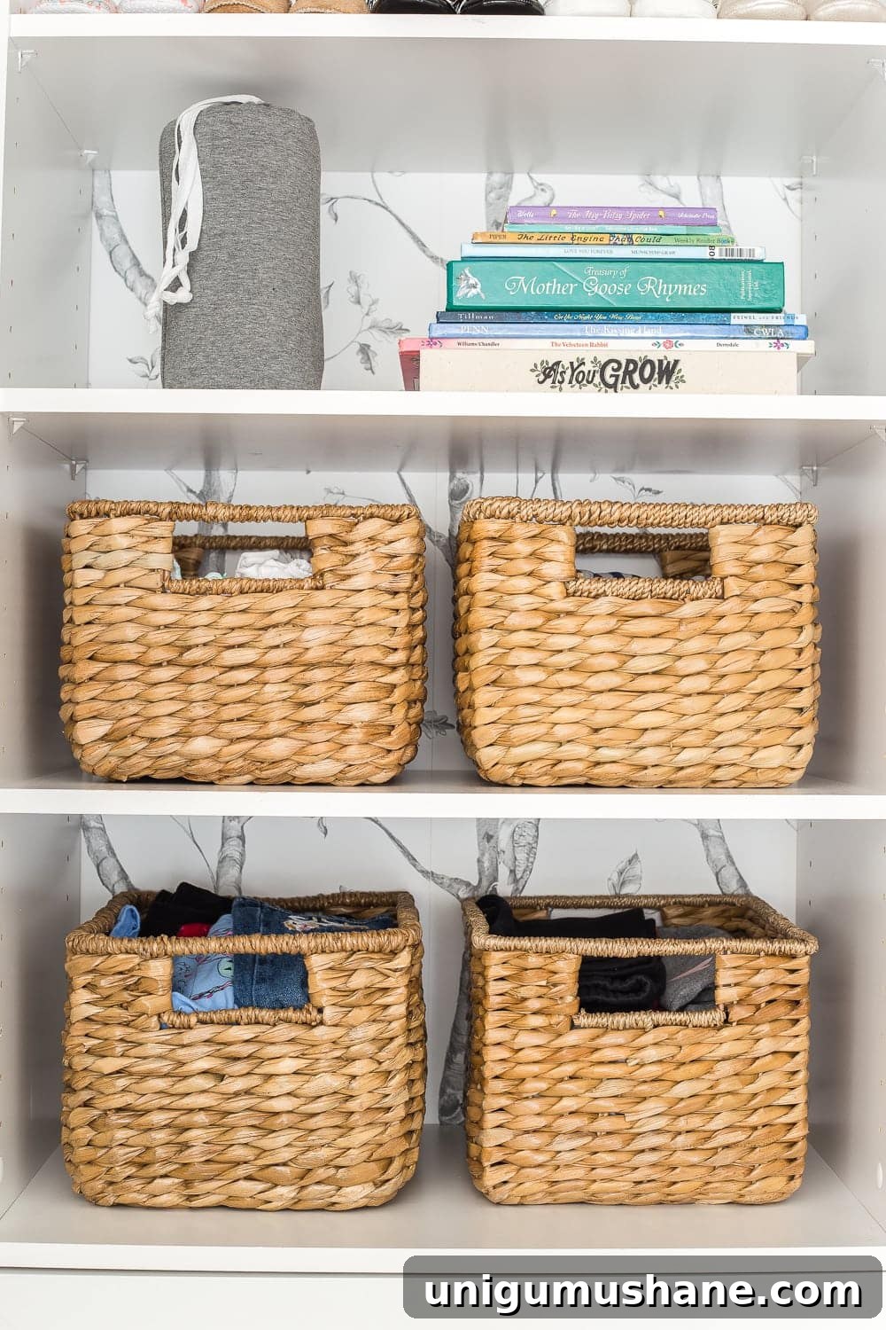 Nursery Closet Makeover Reveal with Free Printable Dividers 10 Nursery closet organization with baskets and shelving for books