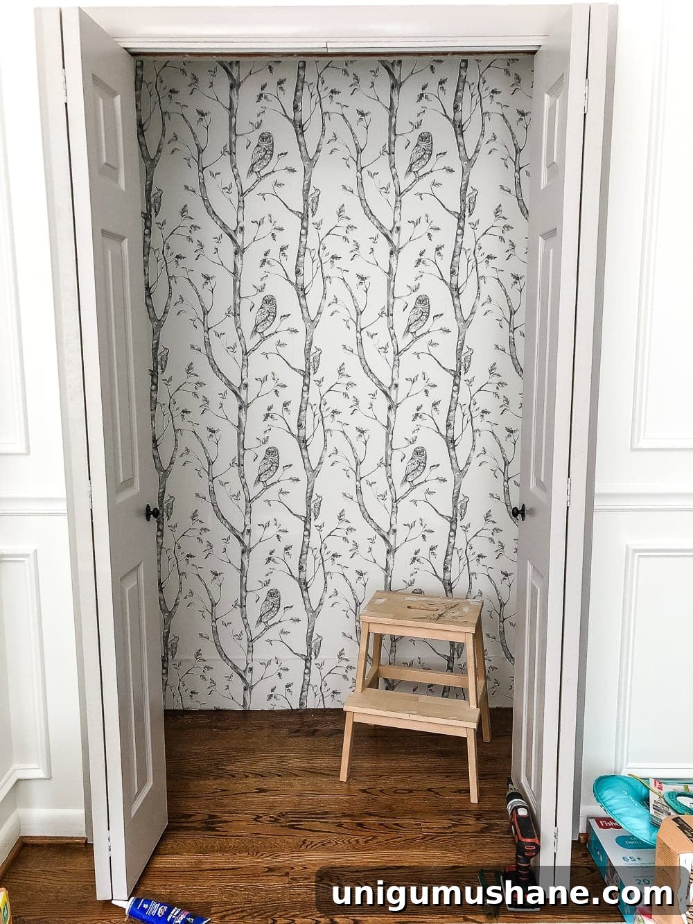 Nursery Closet Makeover Reveal with Free Printable Dividers 6 Nursery closet with peel and stick gray birch tree wallpaper