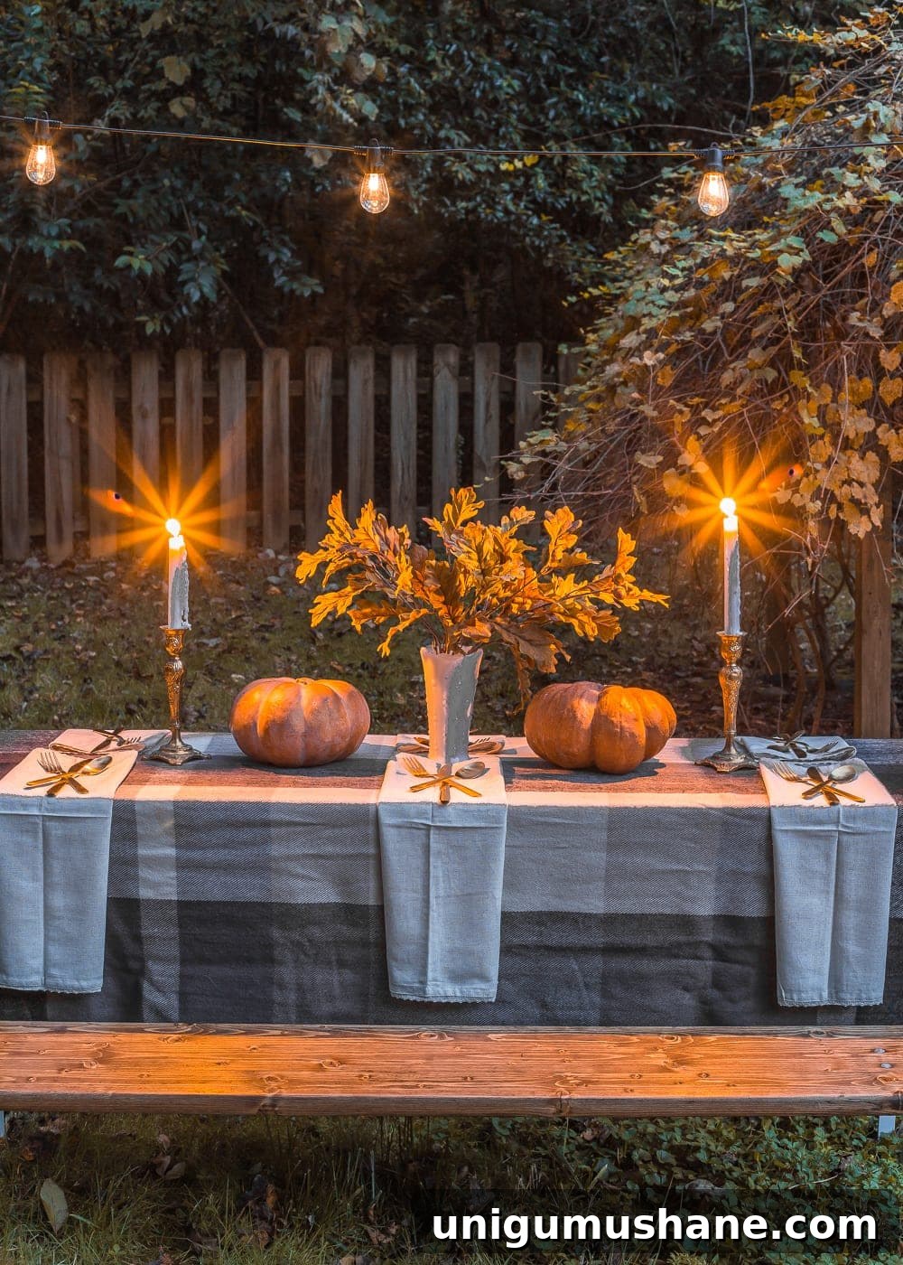 Transform Your Beer Garden Table for Alfresco Thanksgiving 10 Outdoor Thanksgiving beer garden table with string lights