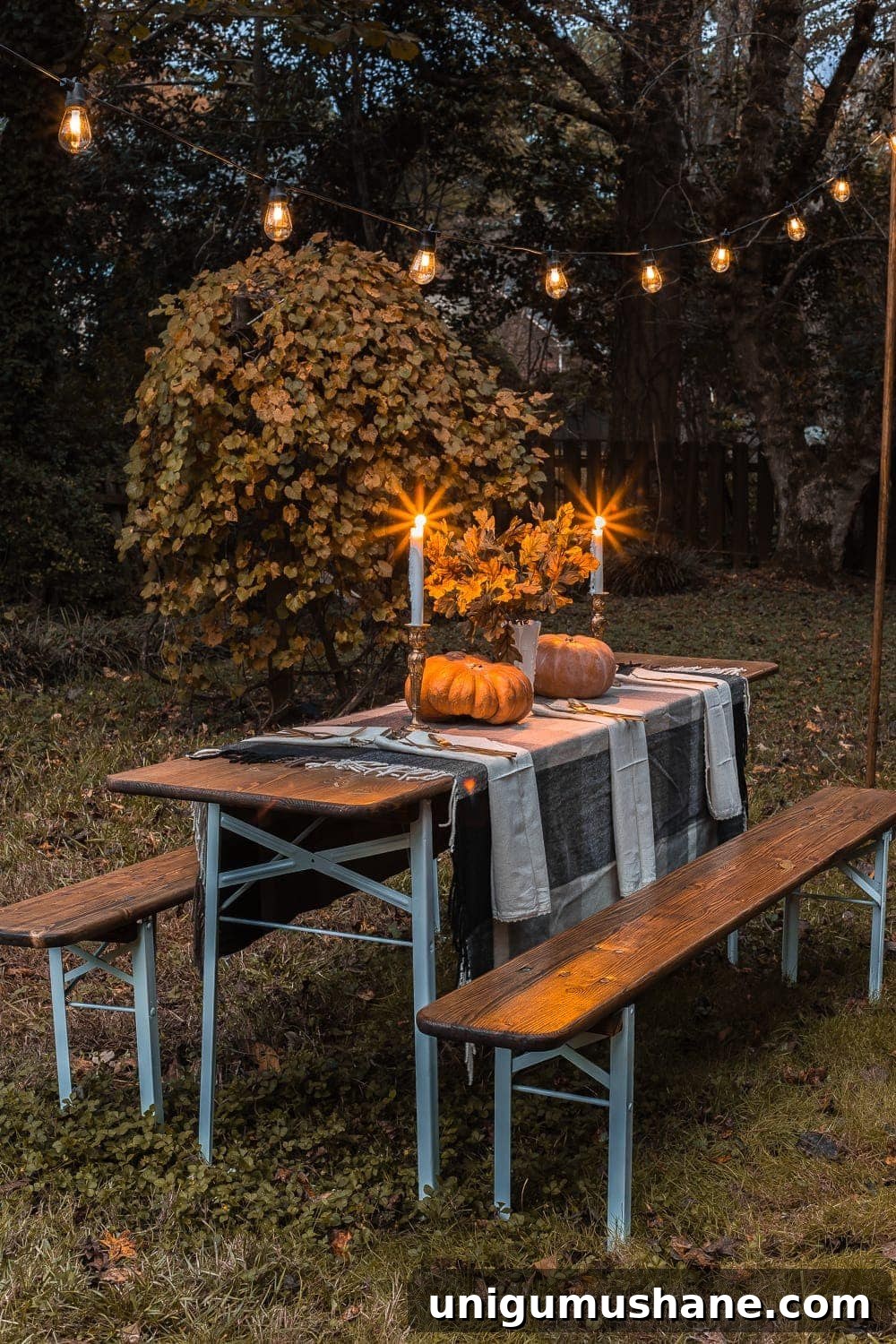 Transform Your Beer Garden Table for Alfresco Thanksgiving 9 Beer garden table with string lights for fall