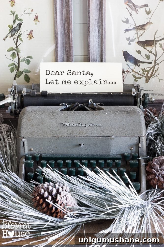 thrifted typewriter repurposed as vintage Christmas decor