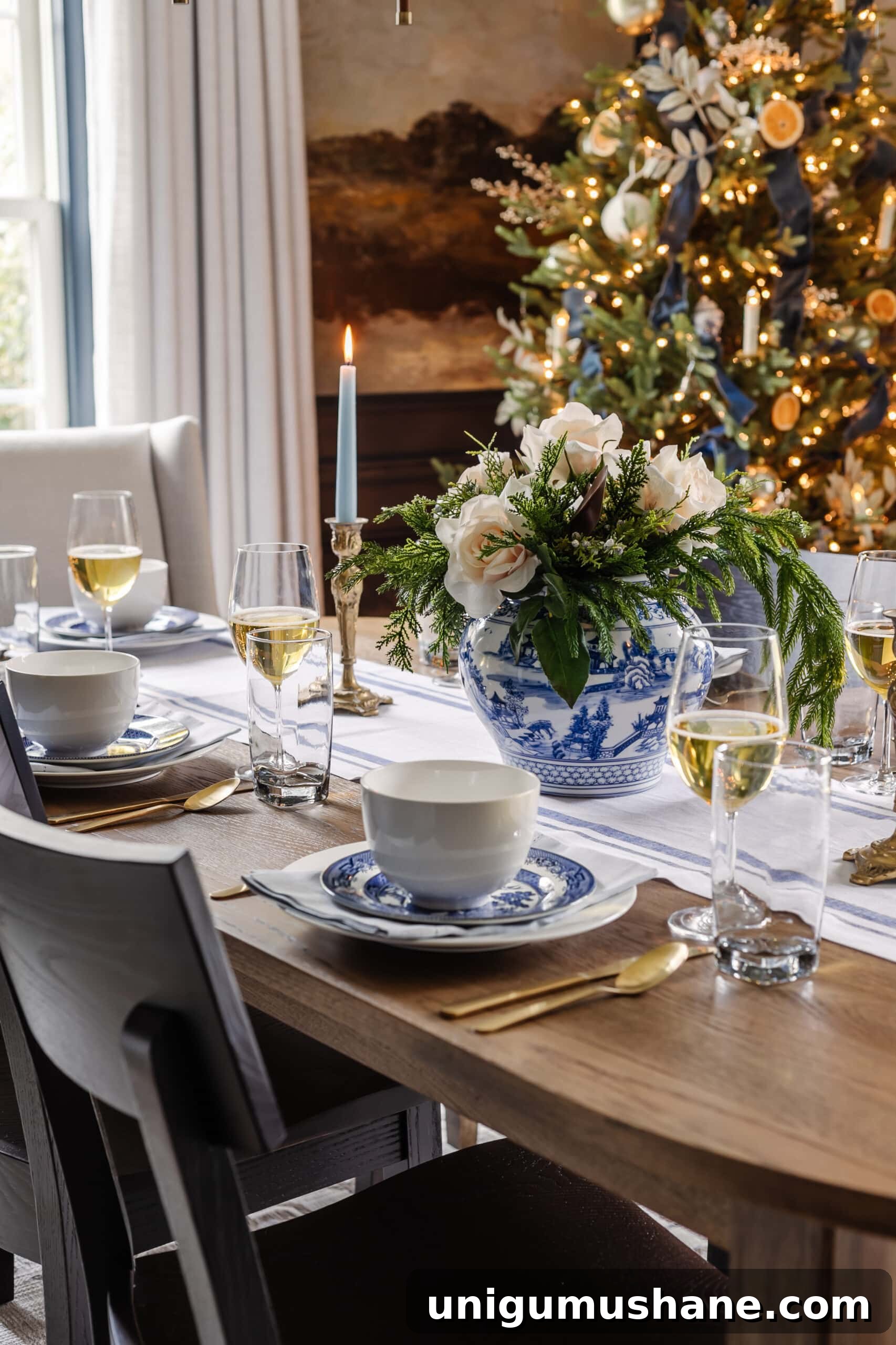 Christmas dining table decorated with vintage blue and white dishes