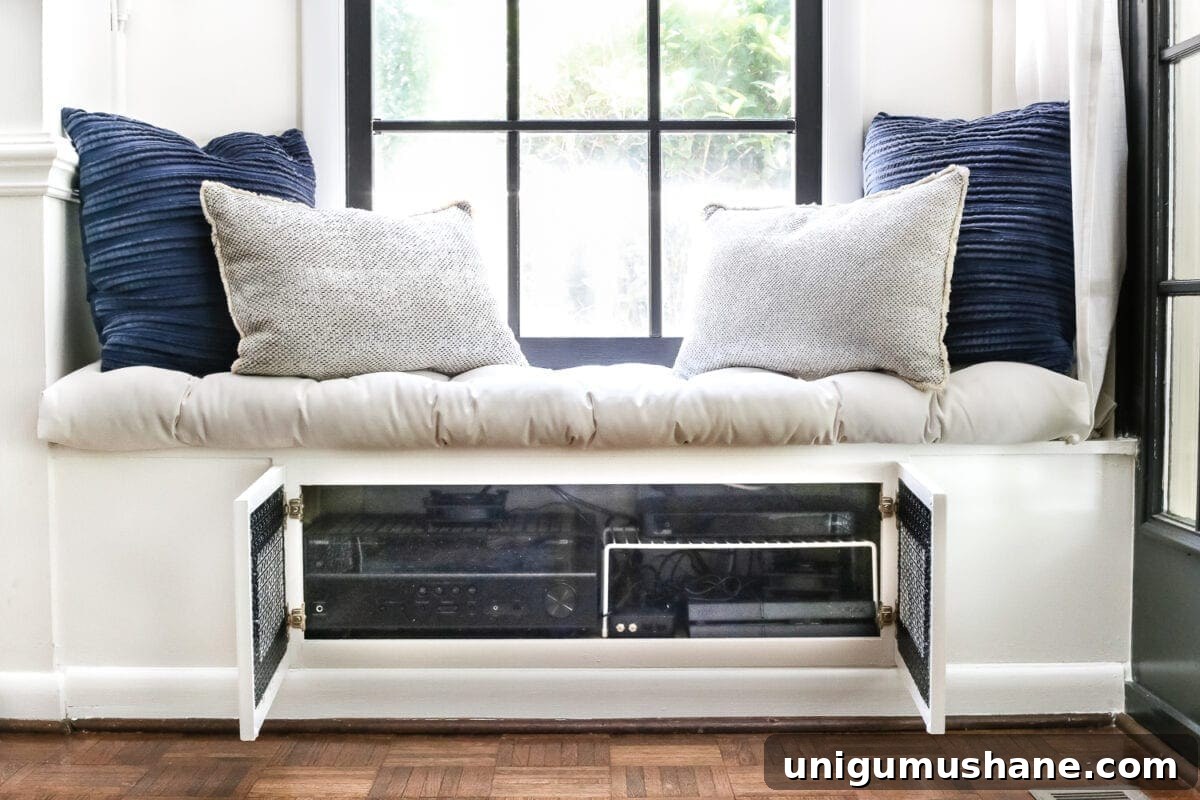 15 Stylish Ways to Hide Household Eyesores 8 window seat with TV electronic storage for gaming system and cable box