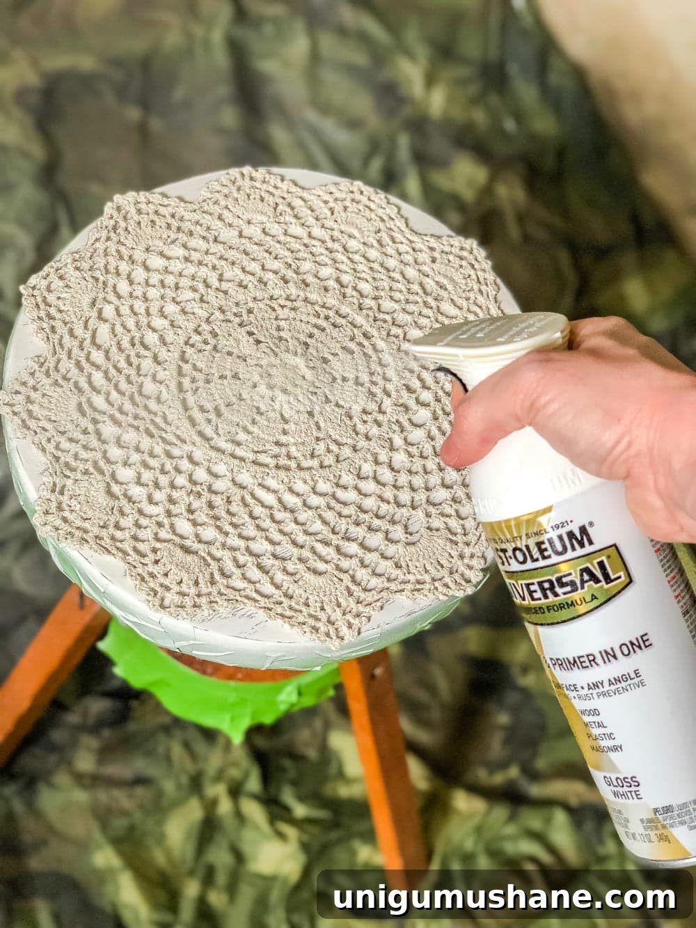 Repurpose a Piano Stool into a Stylish Plant Stand 5 A global designer-inspired DIY plant stand made from a thrifted piano stool using just spray paint and a doily for a quick and easy makeover. #plantstand #pianostool #globaldecor #spraypaint #thriftstoreflips #thrifting #diyhomedecor #thriftedhomedecor