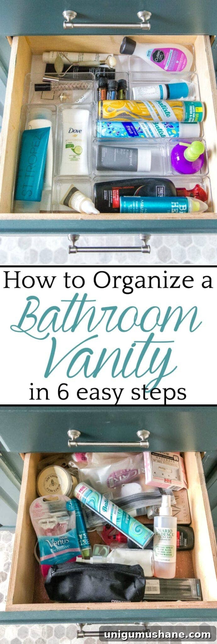 How to Organize Your Bathroom Vanity in 6 Quick Steps 10 Bathroom Vanity Organization | The must-do steps to thoroughly organize your bathroom drawers and cabinets and the best tools to keep them looking tidy. #bathroomorganization #bathroomdrawer #bathroomcabinet #bathroomvanityorganization #bathroomorganizing