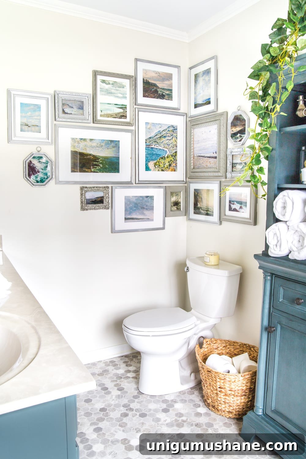 Coastal Gallery Wall Printables: Beach Wall Art Set 2 A free printable set of a coastal gallery wall featuring antique ocean paintings and how to frame them inexpensively with thrifted finds. #coastaldecor #gallerywall #bathroomart #bathroomwall #bathroomdecor #coastalart