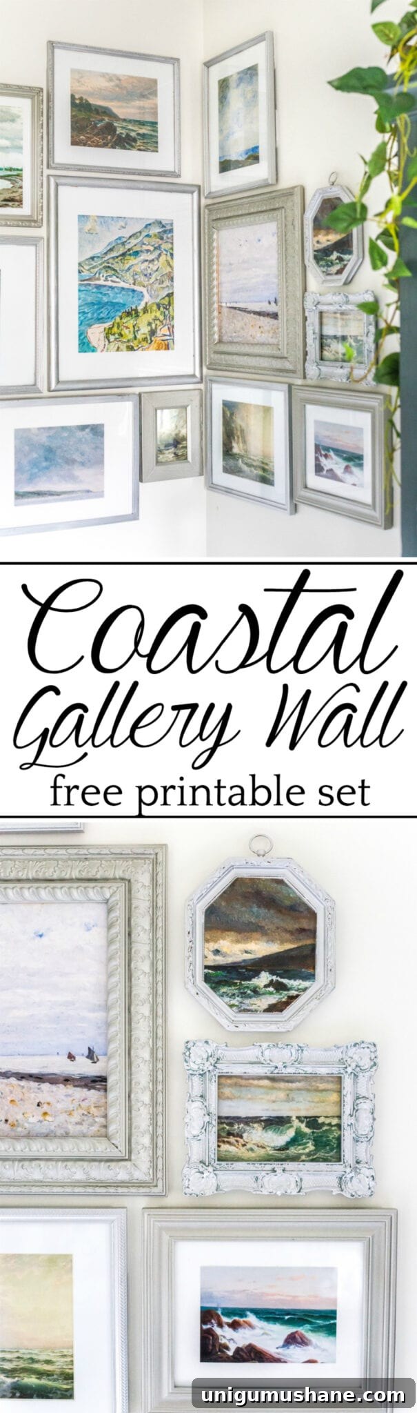Coastal Gallery Wall Printables: Beach Wall Art Set 8 A free printable set of a coastal gallery wall featuring antique ocean paintings and how to frame them inexpensively with thrifted finds. #coastaldecor