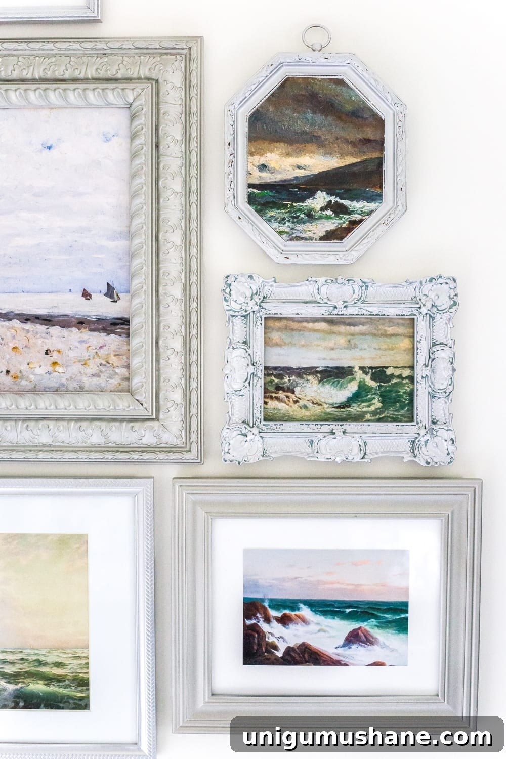 Coastal Gallery Wall Printables: Beach Wall Art Set 3 A free printable set of a coastal gallery wall featuring antique ocean paintings and how to frame them inexpensively with thrifted finds. #coastaldecor #gallerywall #bathroomart #bathroomwall #bathroomdecor #coastalart