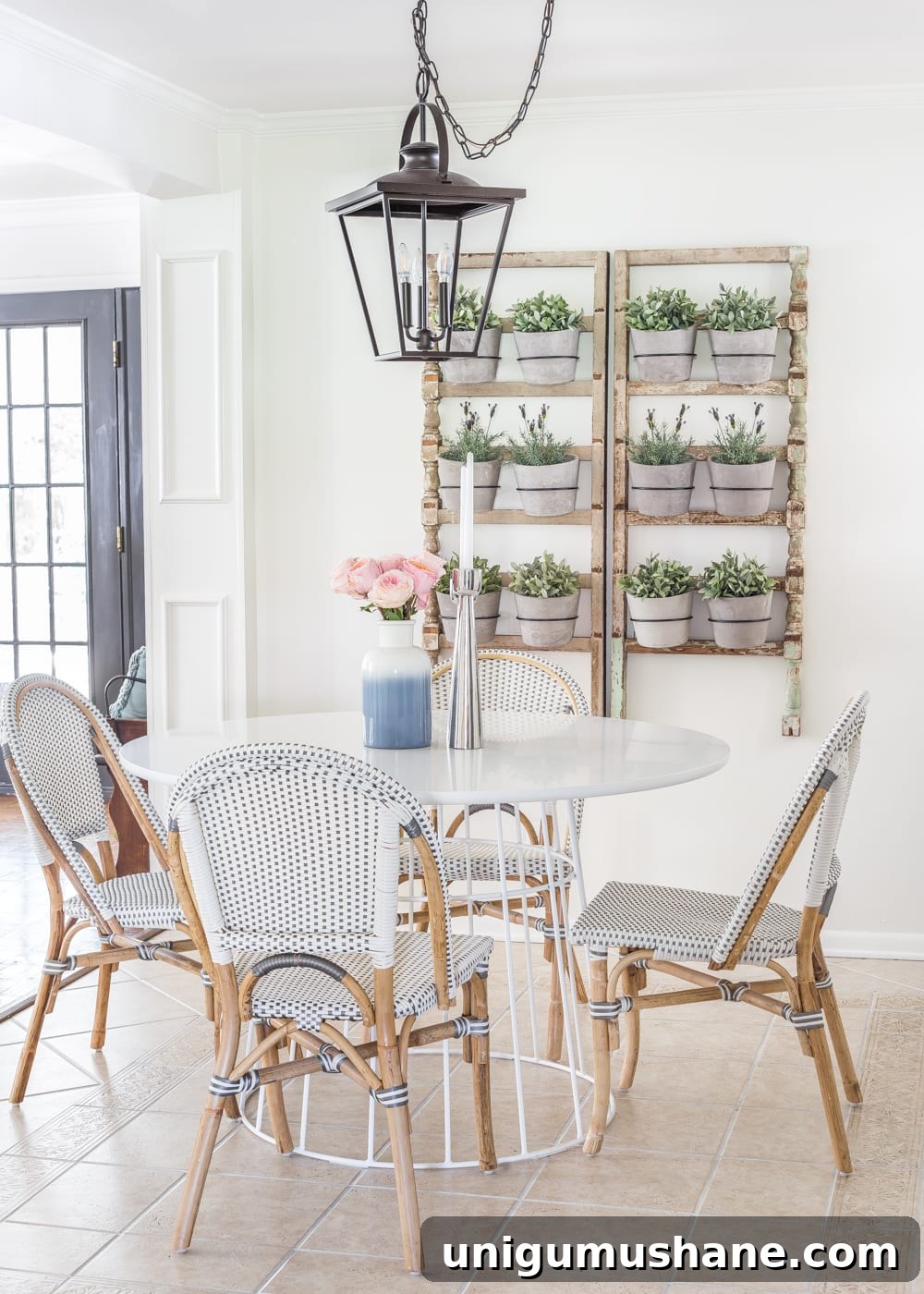 Spring Home Tour: Fresh Decor Ideas for Every Room 7 Simple Spring Home Tour | Breakfast nook informal dining with French bistro chairs and wall planter made from antique banisters