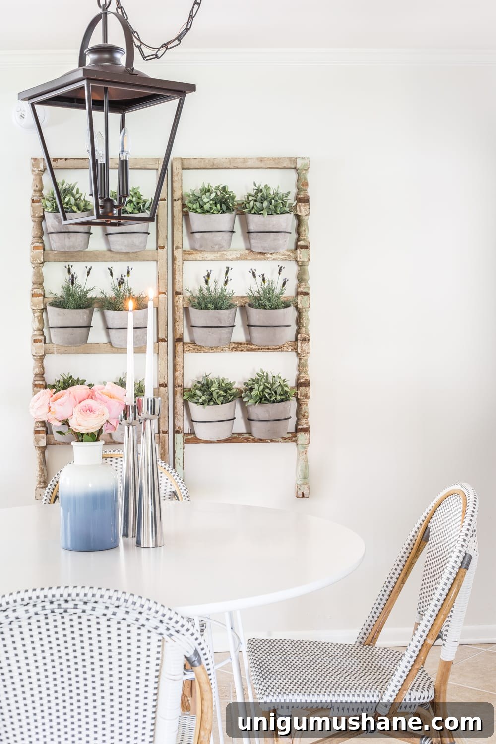 Spring Home Tour: Fresh Decor Ideas for Every Room 8 Simple Spring Home Tour | Breakfast nook informal dining with French bistro chairs and wall planter made from antique banisters