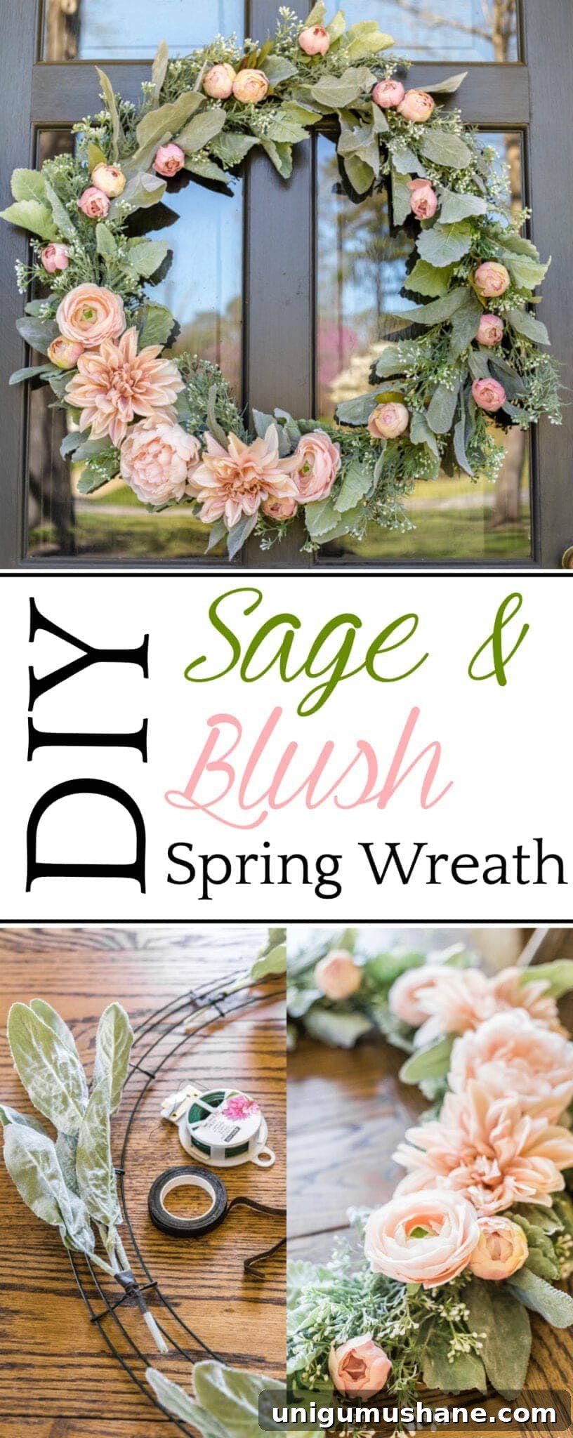 How to Make a Sage and Blush Spring Wreath 10 DIY Sage and Blush Spring Wreath | A step-by-step tutorial for making a spring wreath from scratch using artificial sage greenery and blush flowers for soft, romantic style.
