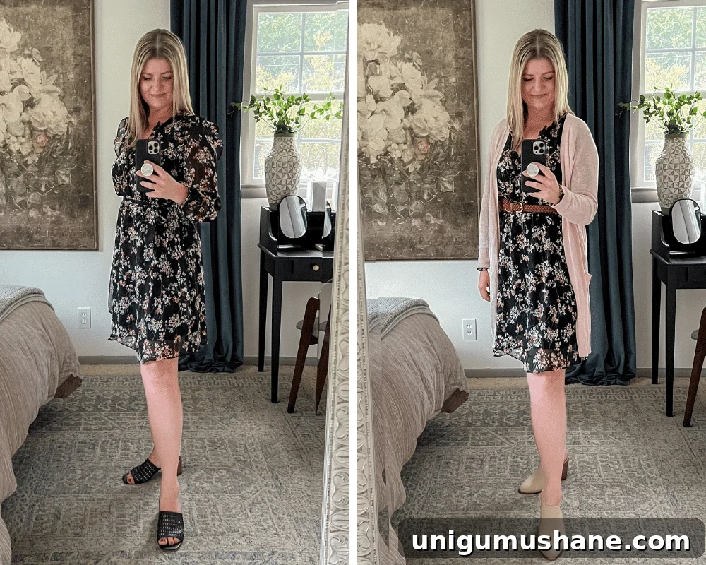 styling a dress to hide tummy with belt and cardigan