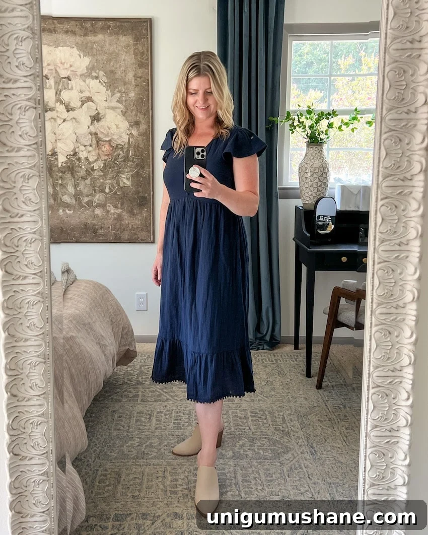navy blue linen midi dress postpartum outfit