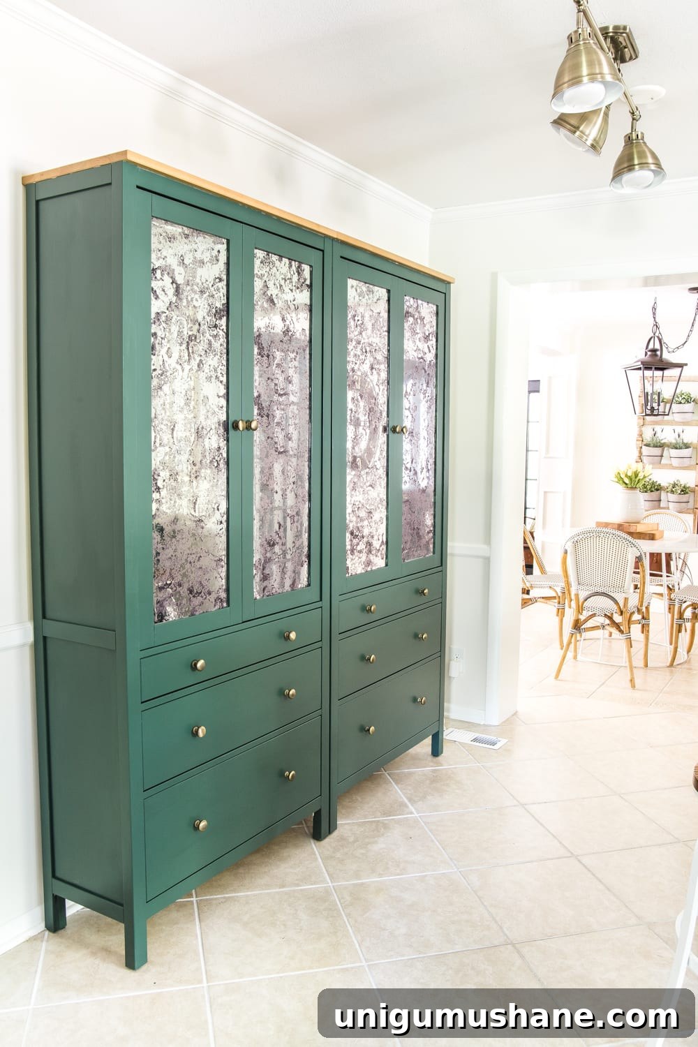Build an IKEA Pantry Cabinet with Hemnes 20 antique mirror window film on an IKEA Hemnes pantry cabinet using Sherwin Williams Billiard