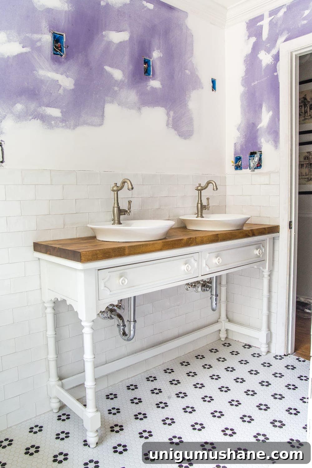 Convert a Console Table Into a Stylish Bathroom Vanity 16 How to Turn a Console Table Into a Bathroom Vanity | blesserhouse.com - A tutorial for how to reconstruct a console table to repurpose as a bathroom vanity and leave drawers functional underneath sinks.