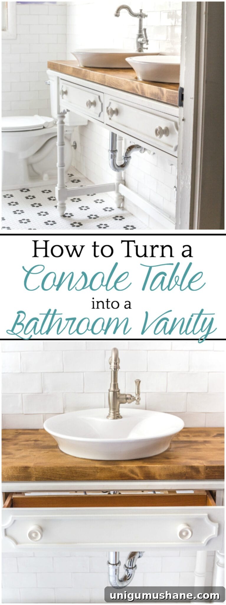 Convert a Console Table Into a Stylish Bathroom Vanity 17 How to Turn a Console Table Into a Bathroom Vanity | blesserhouse.com - A tutorial for how to reconstruct a console table to repurpose as a bathroom vanity and leave drawers functional underneath sinks.