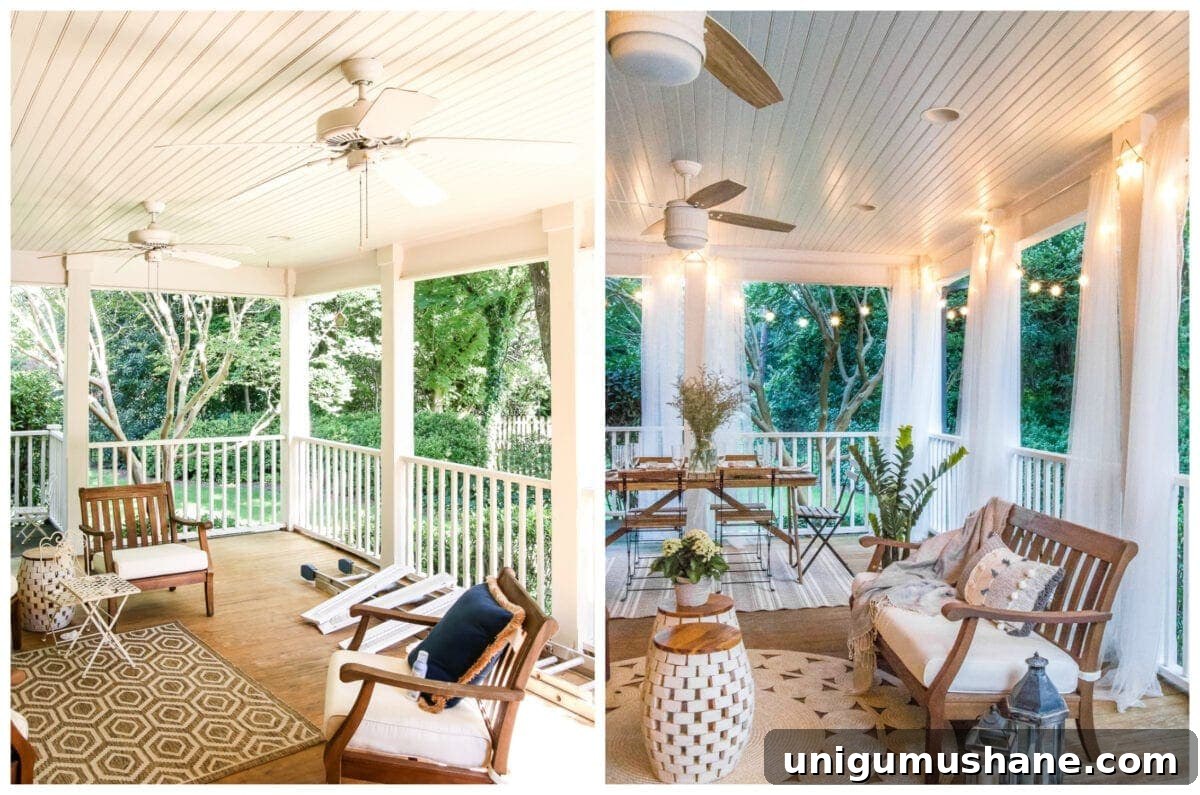 Restore Weathered Outdoor Wood Furniture in 7 Steps 4 back porch makeover with breezy mosquito net curtains and string lights