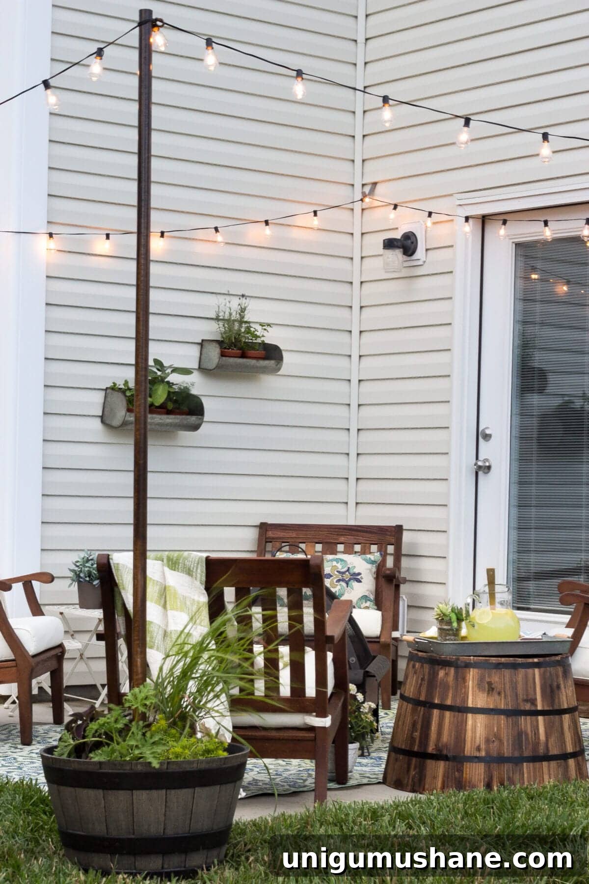 Restore Weathered Outdoor Wood Furniture in 7 Steps 5 small patio makeover with DIY string light poles