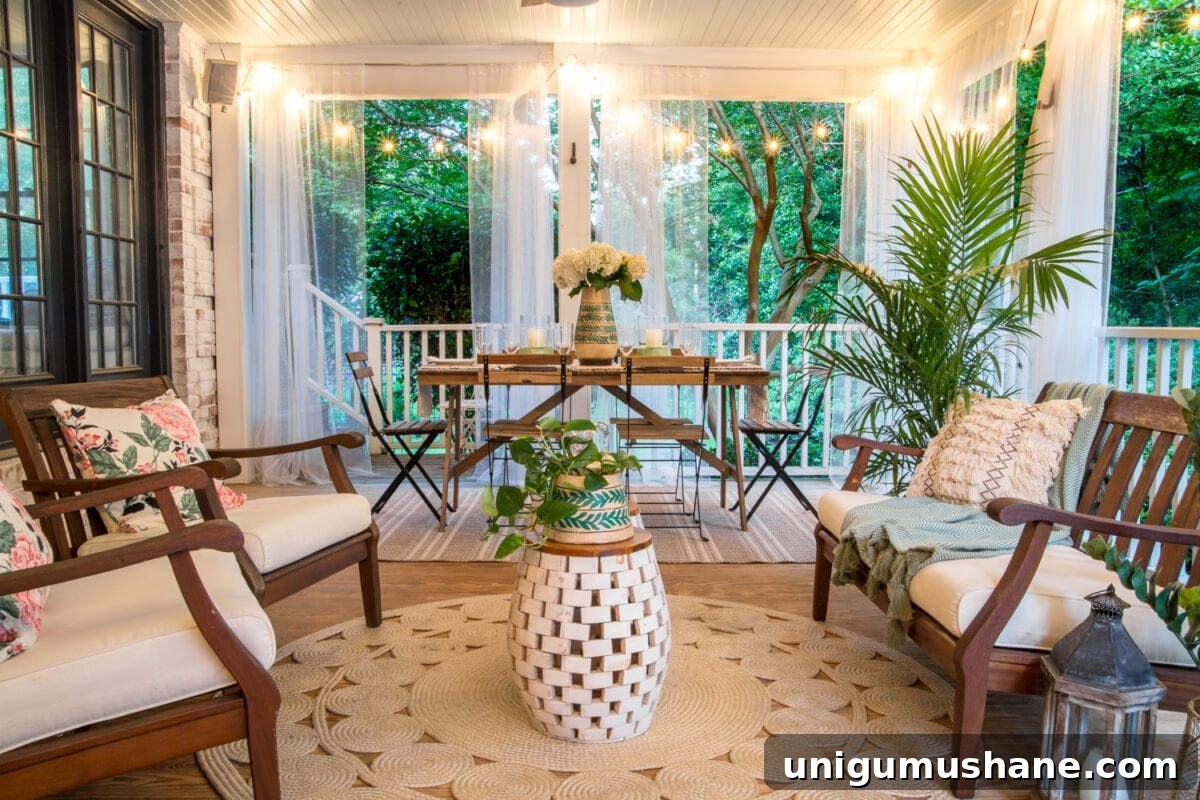 Boho Summer Back Porch Makeover Ideas 16 A tropical boho back porch decorated for summer with breezy, functional style from Flower Home and string lights for evening ambience.