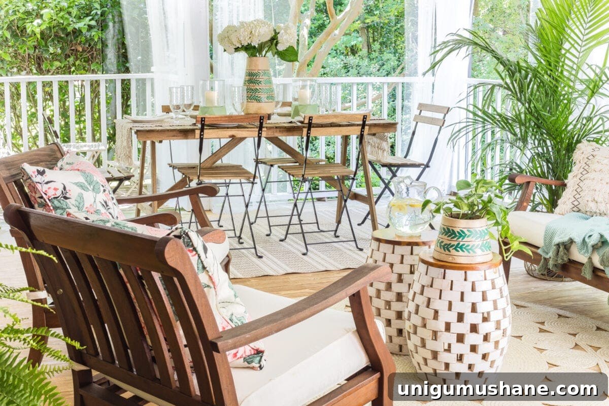 Boho Summer Back Porch Makeover Ideas 4 A tropical boho back porch decorated for summer with breezy, functional style from Flower Home and string lights for evening ambience.