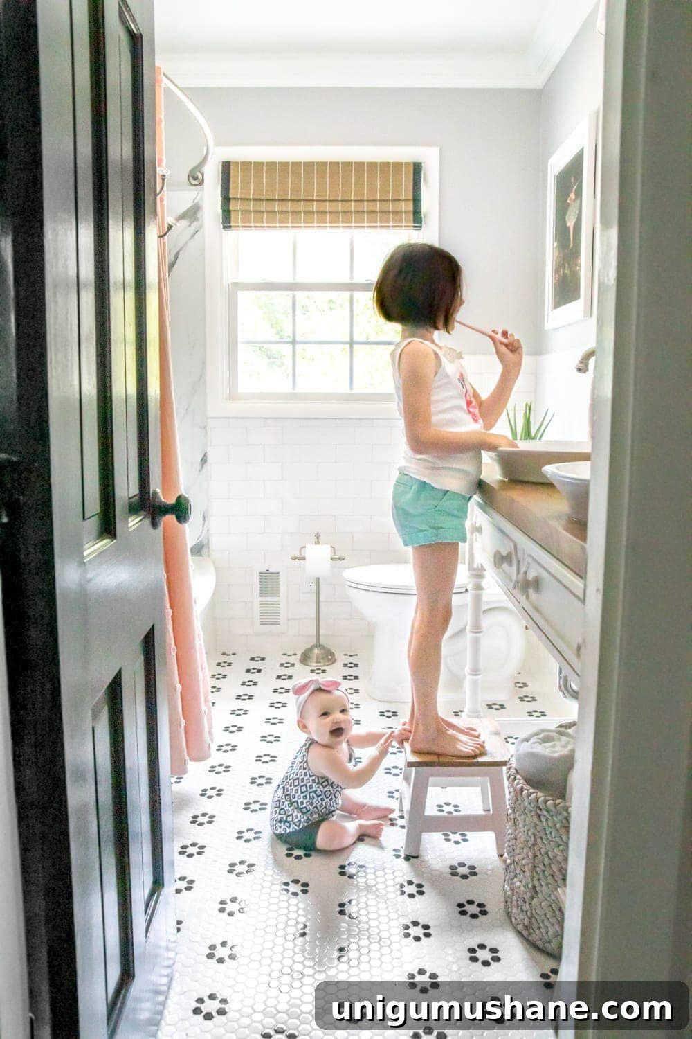 Whimsical, classic kids bathroom makeover for little girls
