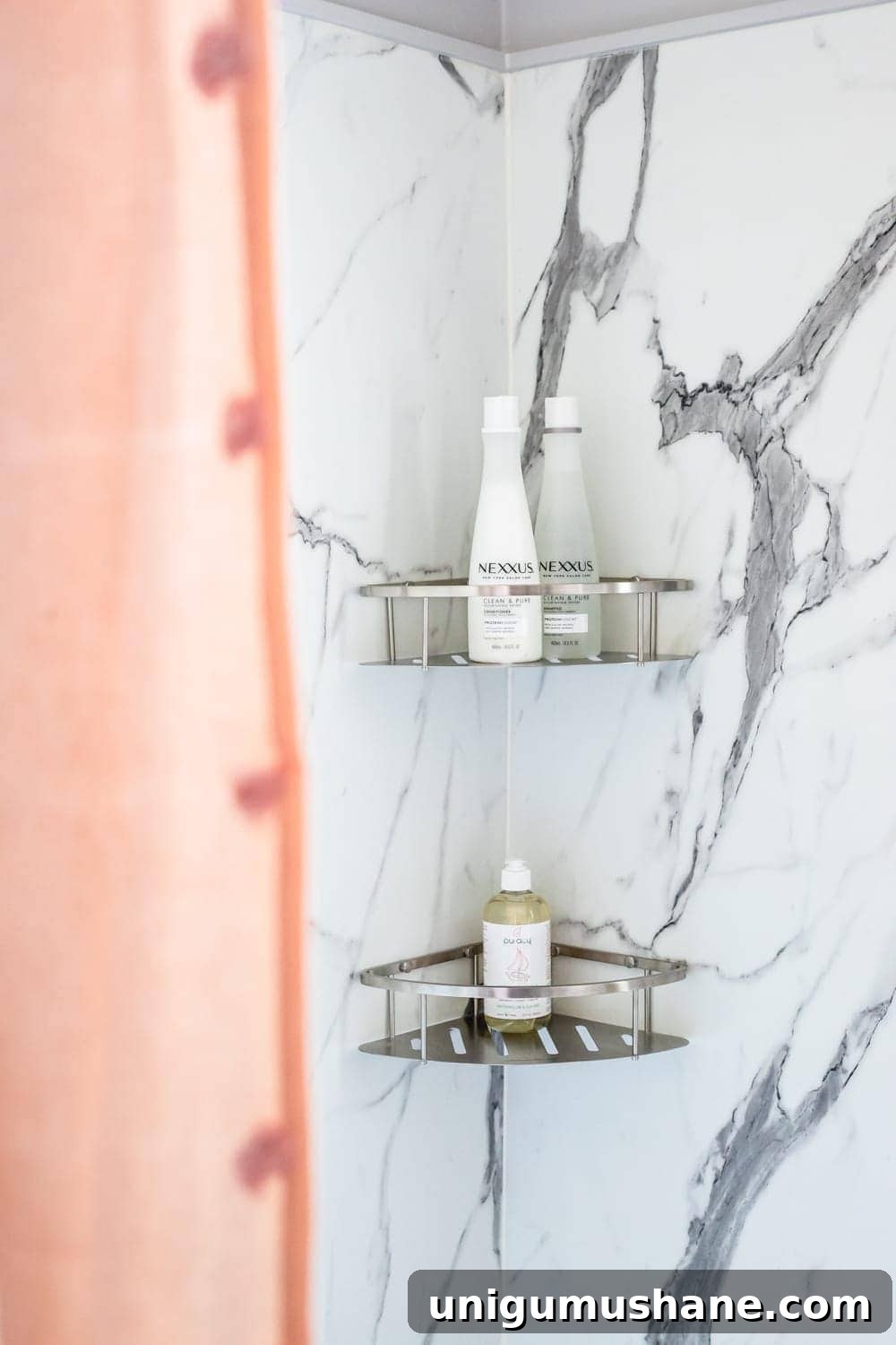 Whimsical, classic kids bathroom makeover | faux marble shower walls
