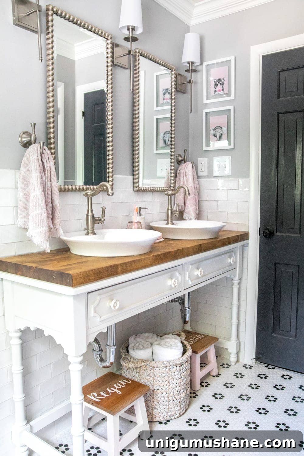 Girls' Bathroom Decor Details & Sources | Console table converted into a vanity with vessel sinks