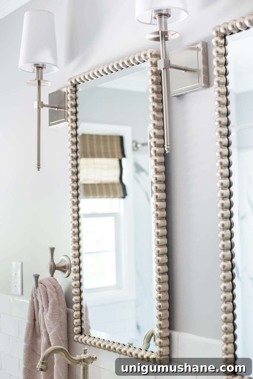 Girls' Bathroom Decor Details & Sources | brushed nickel beaded mirrors and shaded sconces