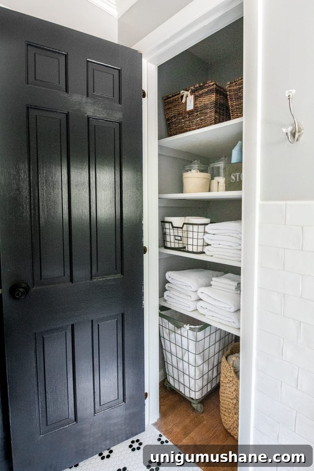 Girls' Bathroom Decor Details & Sources | organized bathroom linen closet