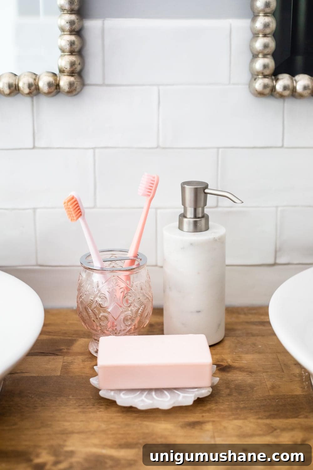 Girls' Bathroom Decor Details & Sources | bathroom accessories, toothbrush holder, soap dispenser, handmade subway tile, butcher block countertop