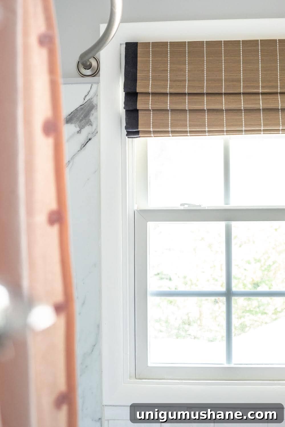 Girls' Bathroom Decor Details & Sources | woven window shade, faux marble shower walls