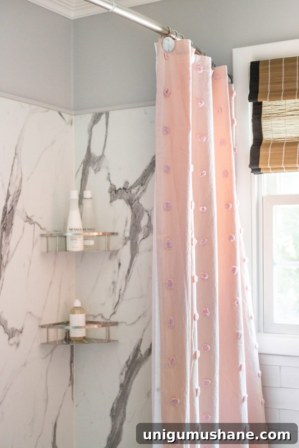 Girls' Bathroom Decor Details & Sources | Faux marble shower walls from American Standard Passage Collection