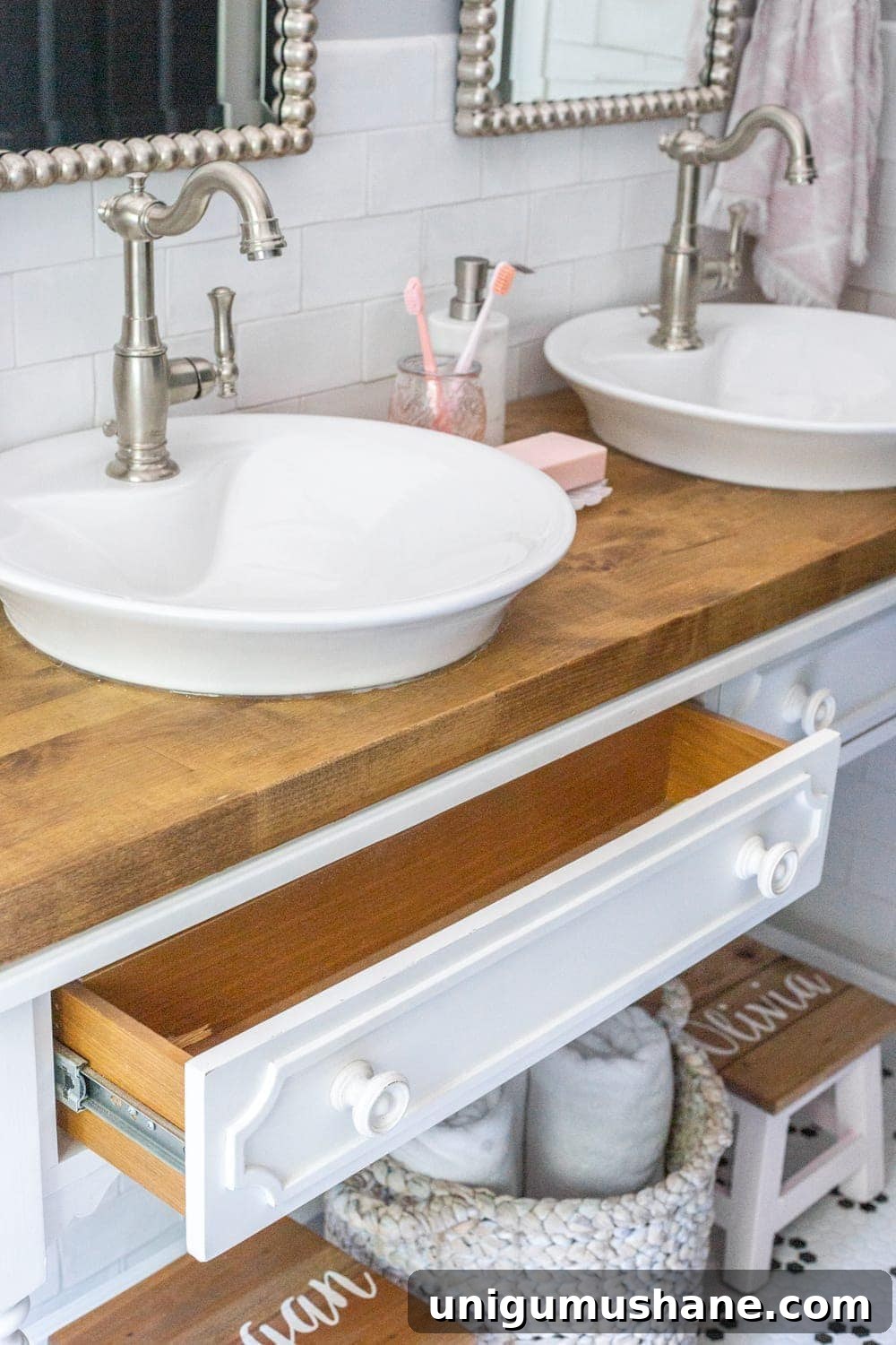 Girls' Bathroom Decor Details & Sources | Console table converted into a vanity with vessel sinks