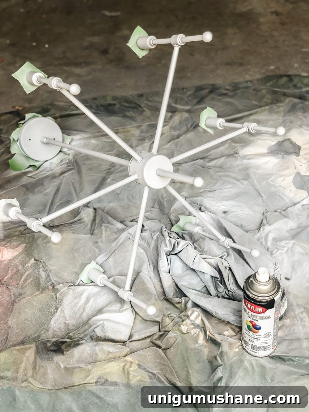 Chandelier Makeover: Which Brass Spray Paint to Use 6 Chandelier prepped for spray painting