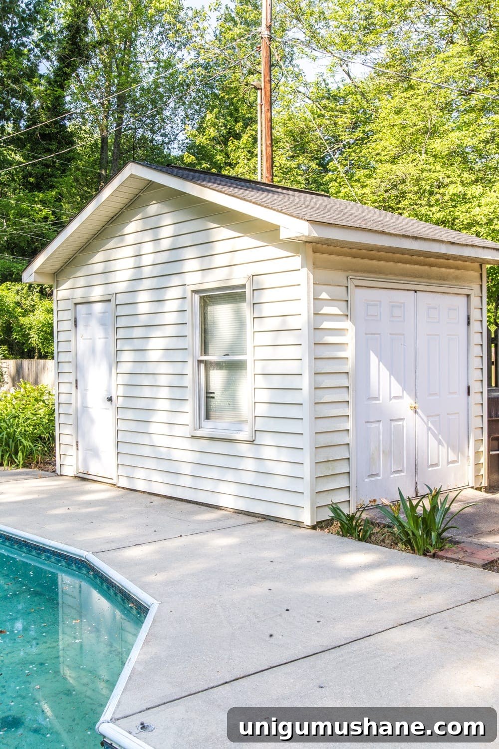 How to Paint Vinyl Siding and Transform Your Pool Shed 2 Pool shed vinyl siding before