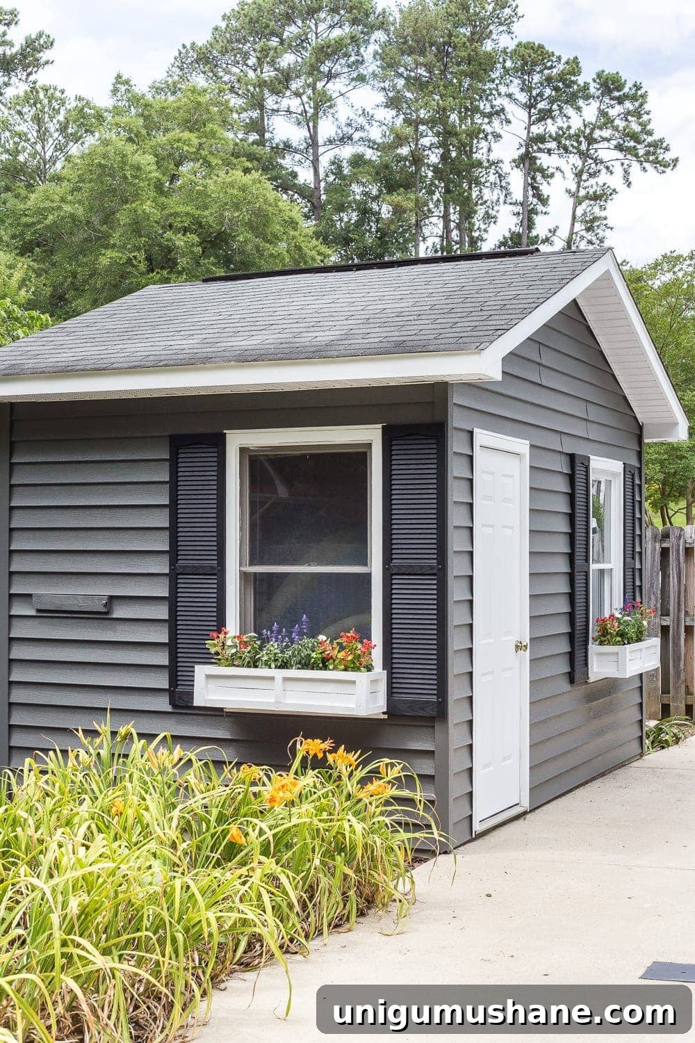 How to Paint Vinyl Siding and Transform Your Pool Shed 9 Inexpensive pool shed makeover using vinyl siding paint in Sherwin Williams Pepper Shake + DIY window boxes made from repurposed scrap wood