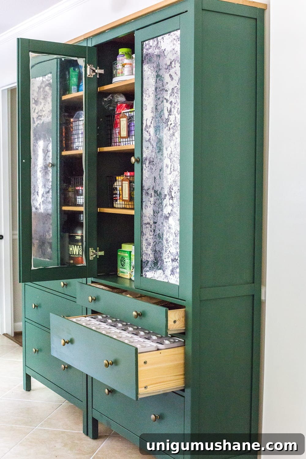 IKEA Hemnes Pantry Cabinet Organization - Tips and ideas for maximizing storage and creating function for food storage in a cabinet to repurpose as a pantry. #pantryorganization