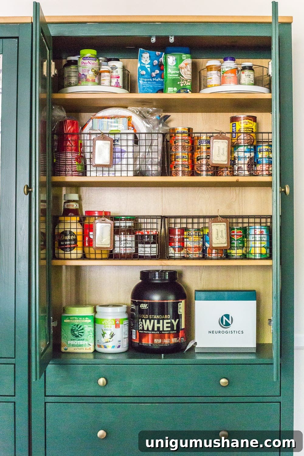 IKEA Hemnes Pantry Cabinet Organization - Tips and ideas for maximizing storage and creating function for food storage in a cabinet to repurpose as a pantry. #pantryorganization