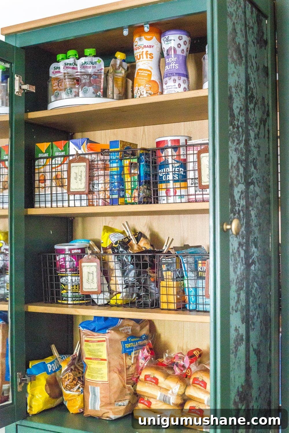 IKEA Hemnes Pantry Cabinet Organization - Tips and ideas for maximizing storage and creating function for food storage in a cabinet to repurpose as a pantry. #pantryorganization