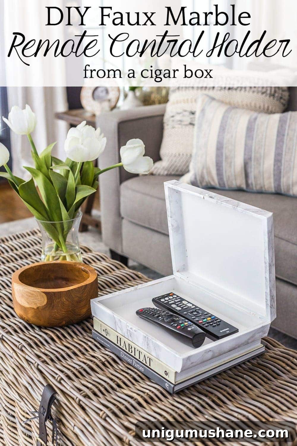 How to wrap a cigar box with contact paper to repurpose into a decorative remote control holder for a coffee table. #remotecontrolholder #coffeetabledecor