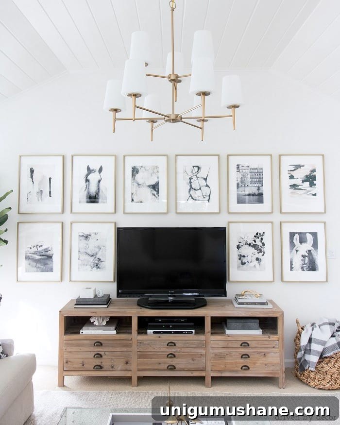 Add a grid gallery wall behind your TV