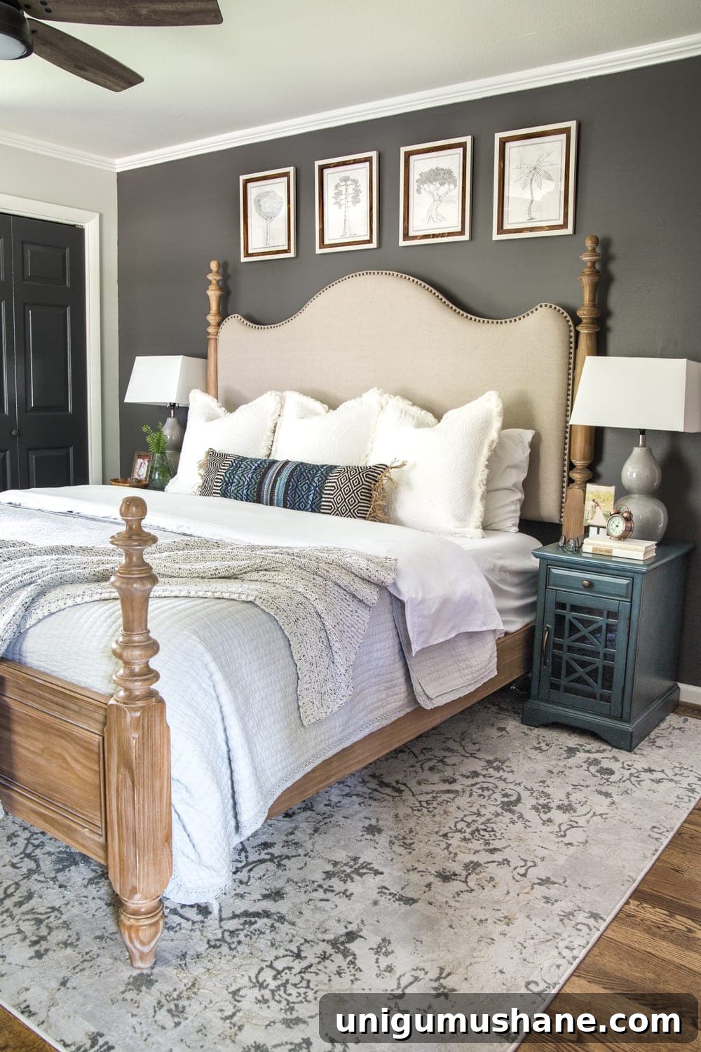 Serene Wall Art Ideas for the Master Bedroom 4 Simple, minimalist art ideas from Walmart that work perfectly in a bedroom to evoke a peaceful mood + charcoal gray wall paint