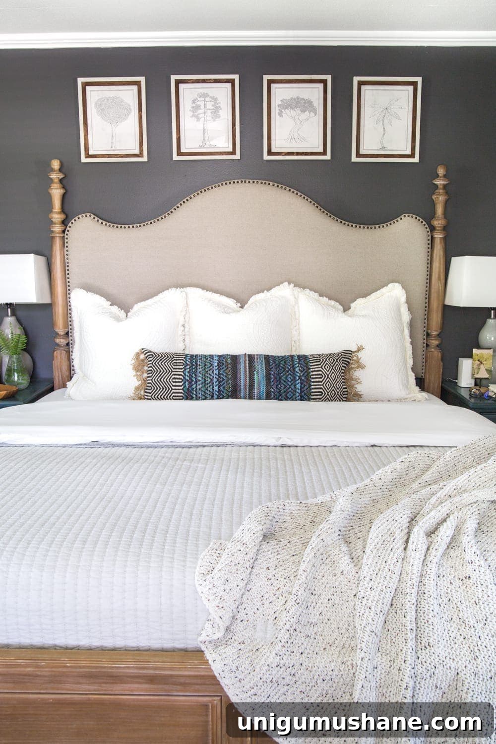 Serene Wall Art Ideas for the Master Bedroom 5 Simple, minimalist art ideas from Walmart that work perfectly in a bedroom to evoke a peaceful mood + charcoal gray wall paint
