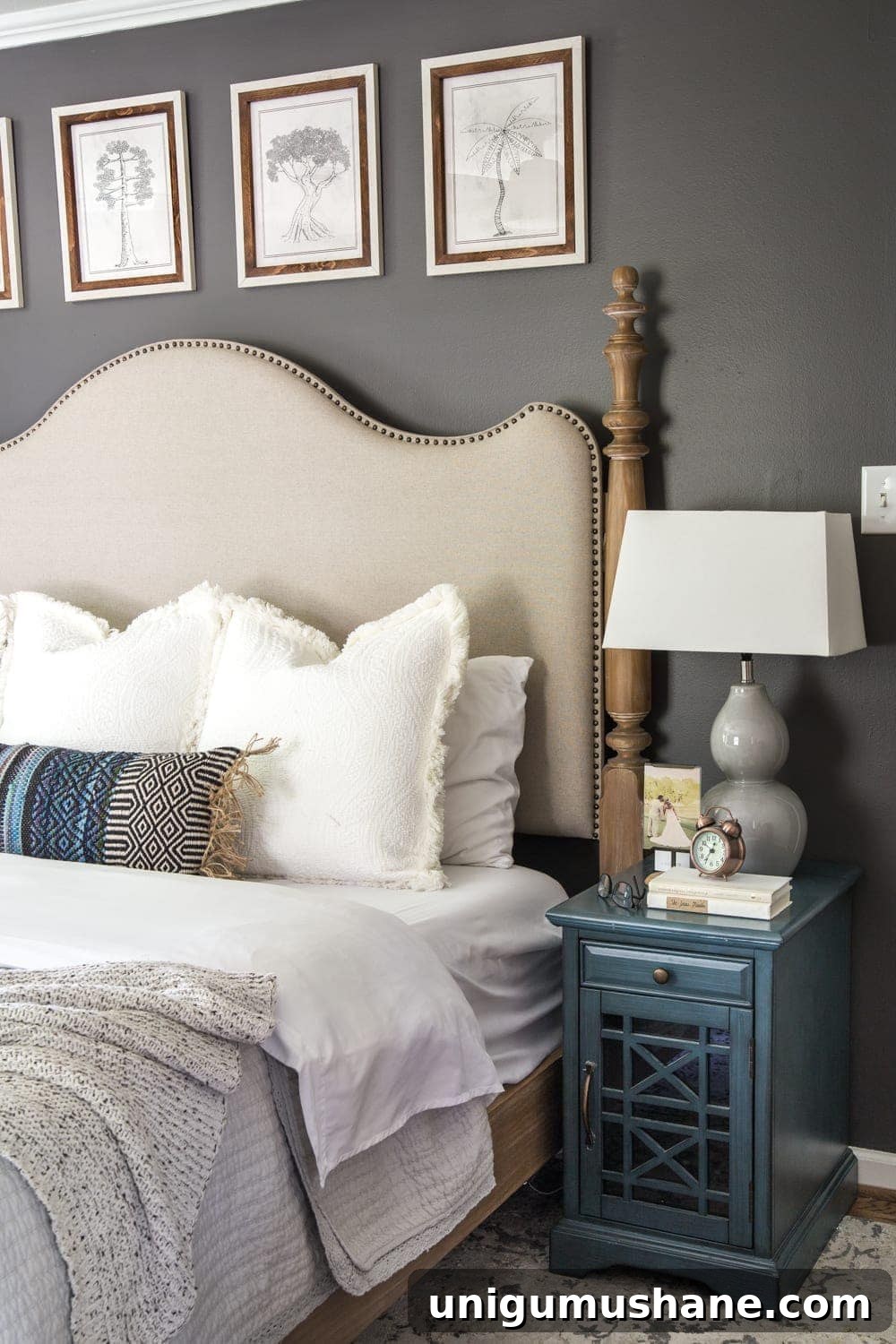 Serene Wall Art Ideas for the Master Bedroom 8 Simple, minimalist art ideas from Walmart that work perfectly in a bedroom to evoke a peaceful mood + charcoal gray wall paint